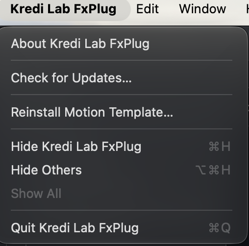 The Kredi Lab FxPlug menu with Reinstall Motion Template…