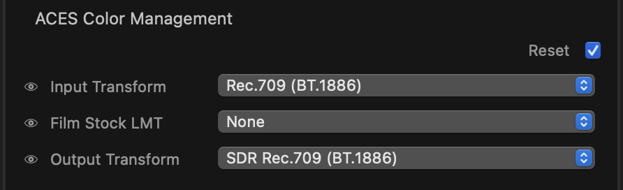 ACES Color Management controls: Input Transform, Film Stock LMT, Output Transform
