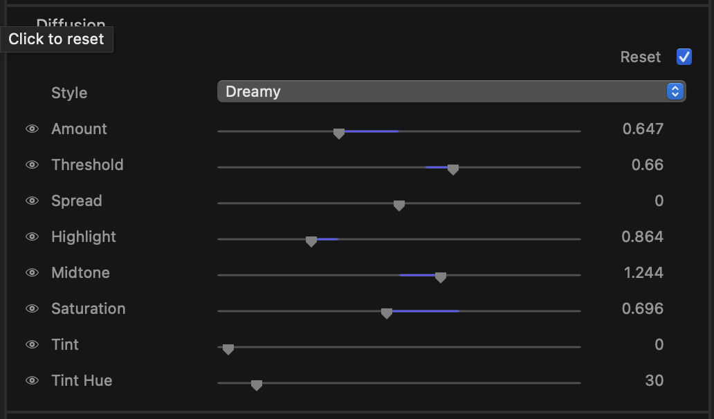 Diffusion controls: a Style popup above bloom and tone sliders
