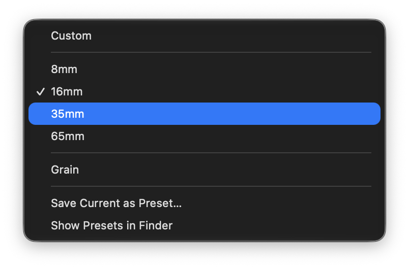 Grain Preset menu