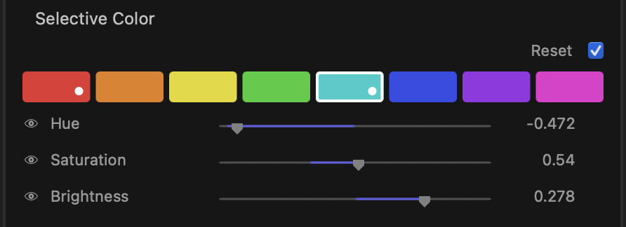 Selective Color swatch bar with Hue, Saturation and Brightness sliders
