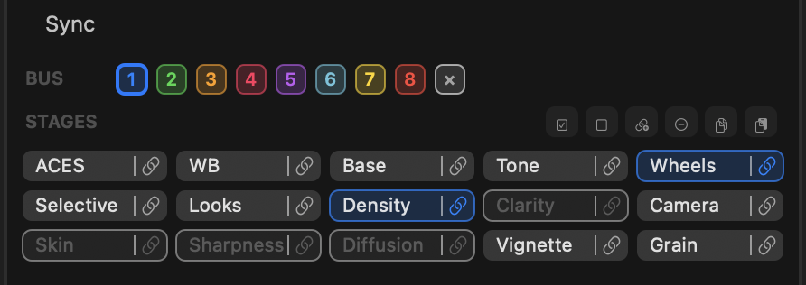 The Sync panel — BUS row and STAGES pills