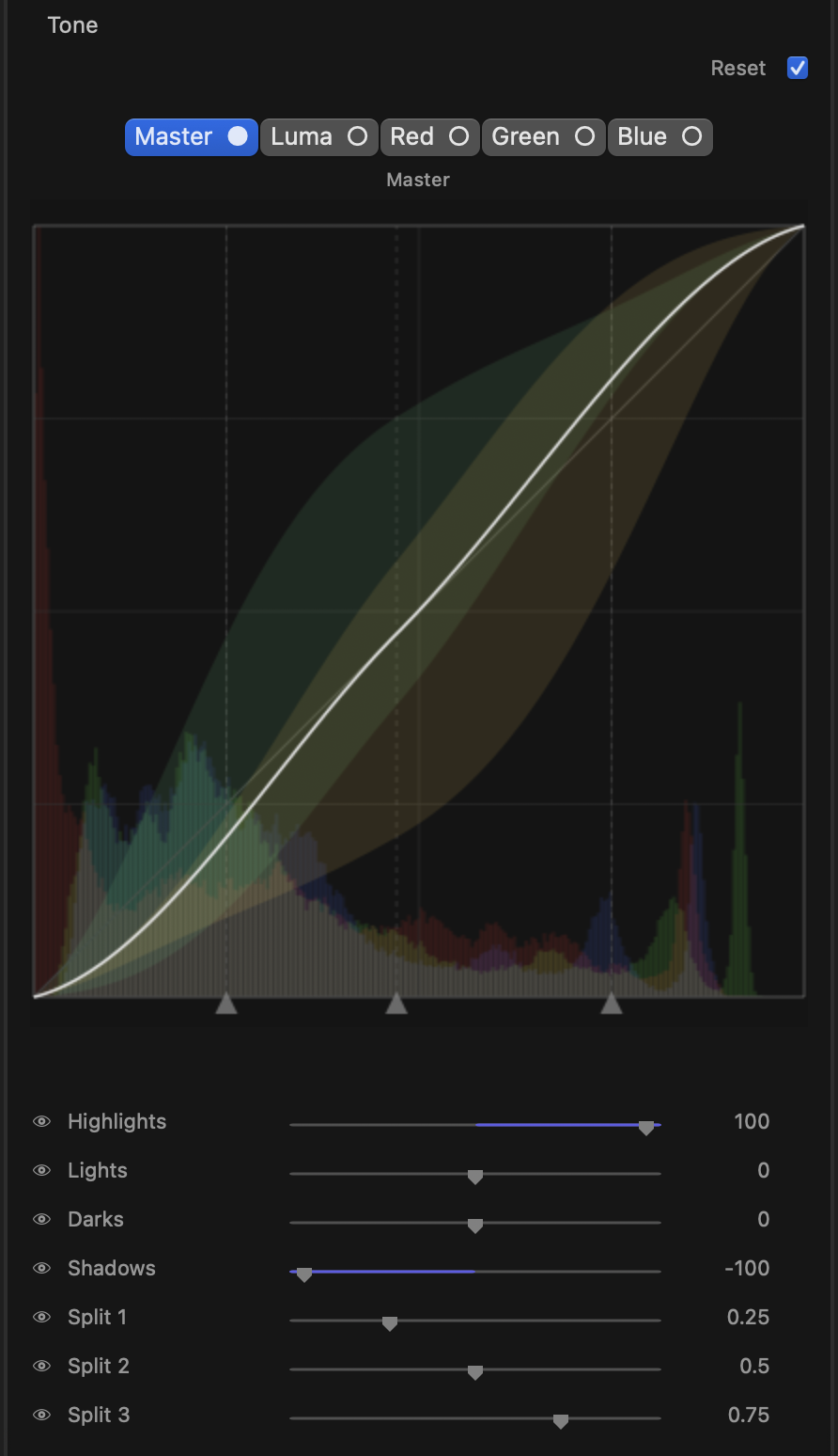 Tone stage: master zone sliders, split points and the Luma/R/G/B curve editor
