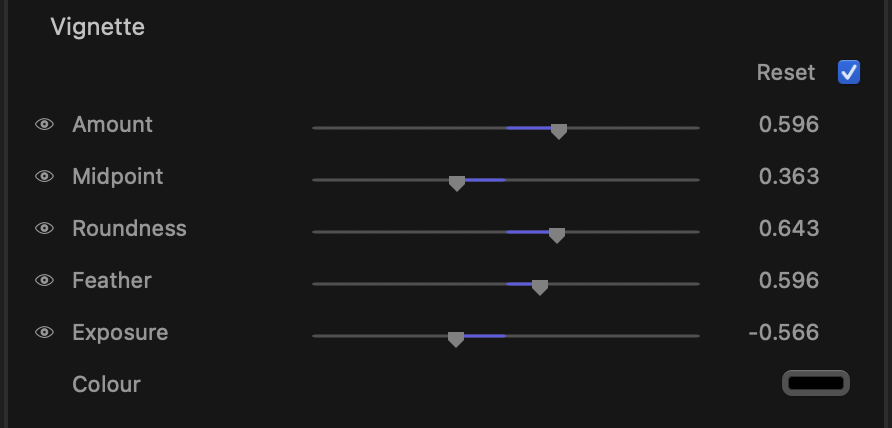 Vignette control rows: Amount, Midpoint, Roundness, Feather, Exposure and a colour swatch