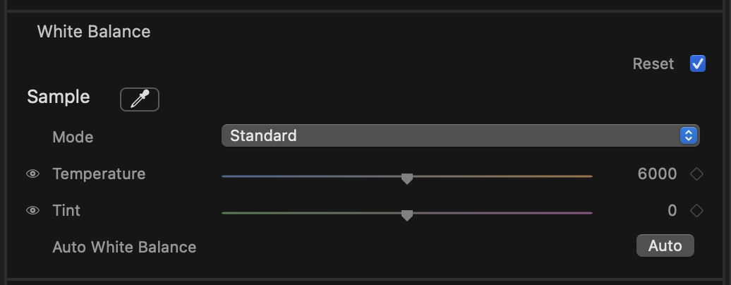 White Balance controls: Mode popup, Temperature and Tint sliders, Auto button